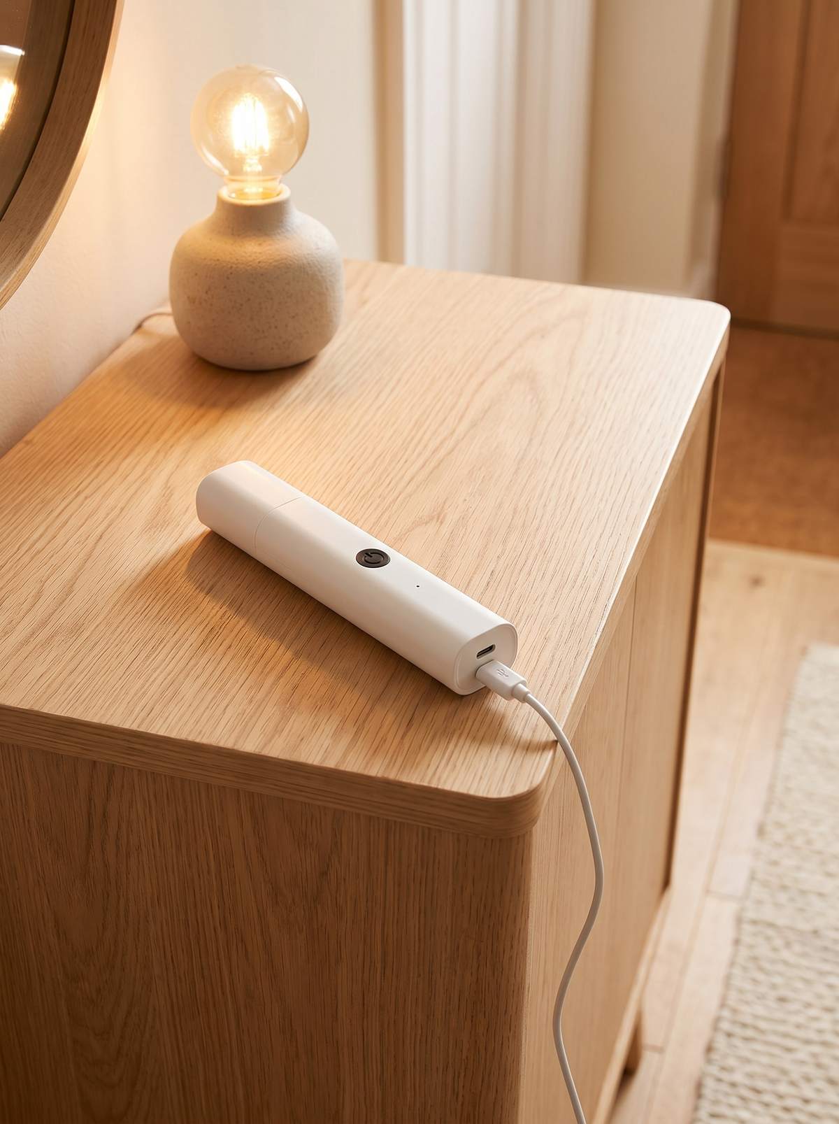 White dog nail grinder charging by USB cable on an oak sideboard