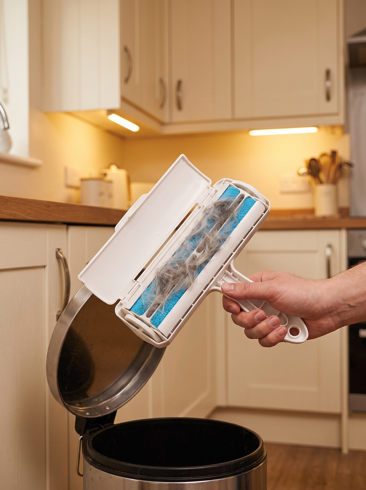 Hand holding the pet hair remover open over a bin to empty the collected fur