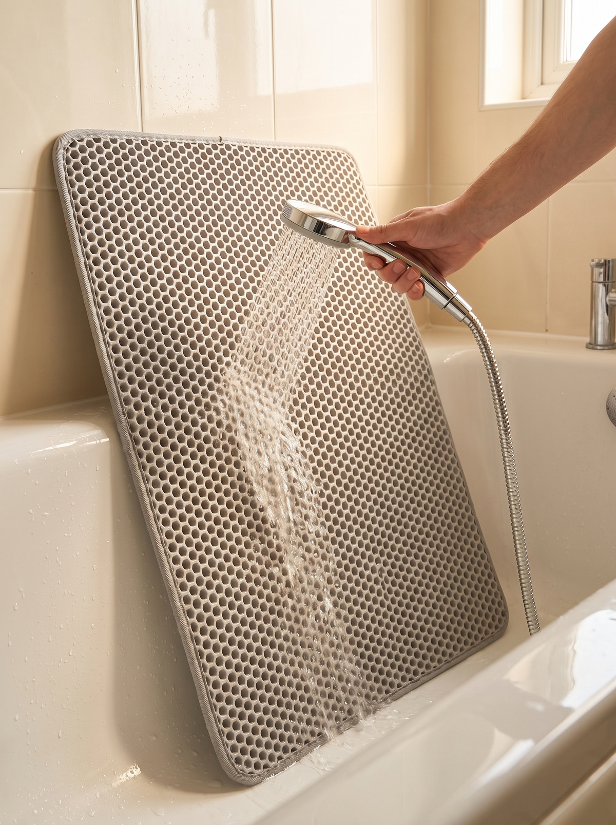 Hand rinsing the grey honeycomb cat litter mat with a shower head in the bath