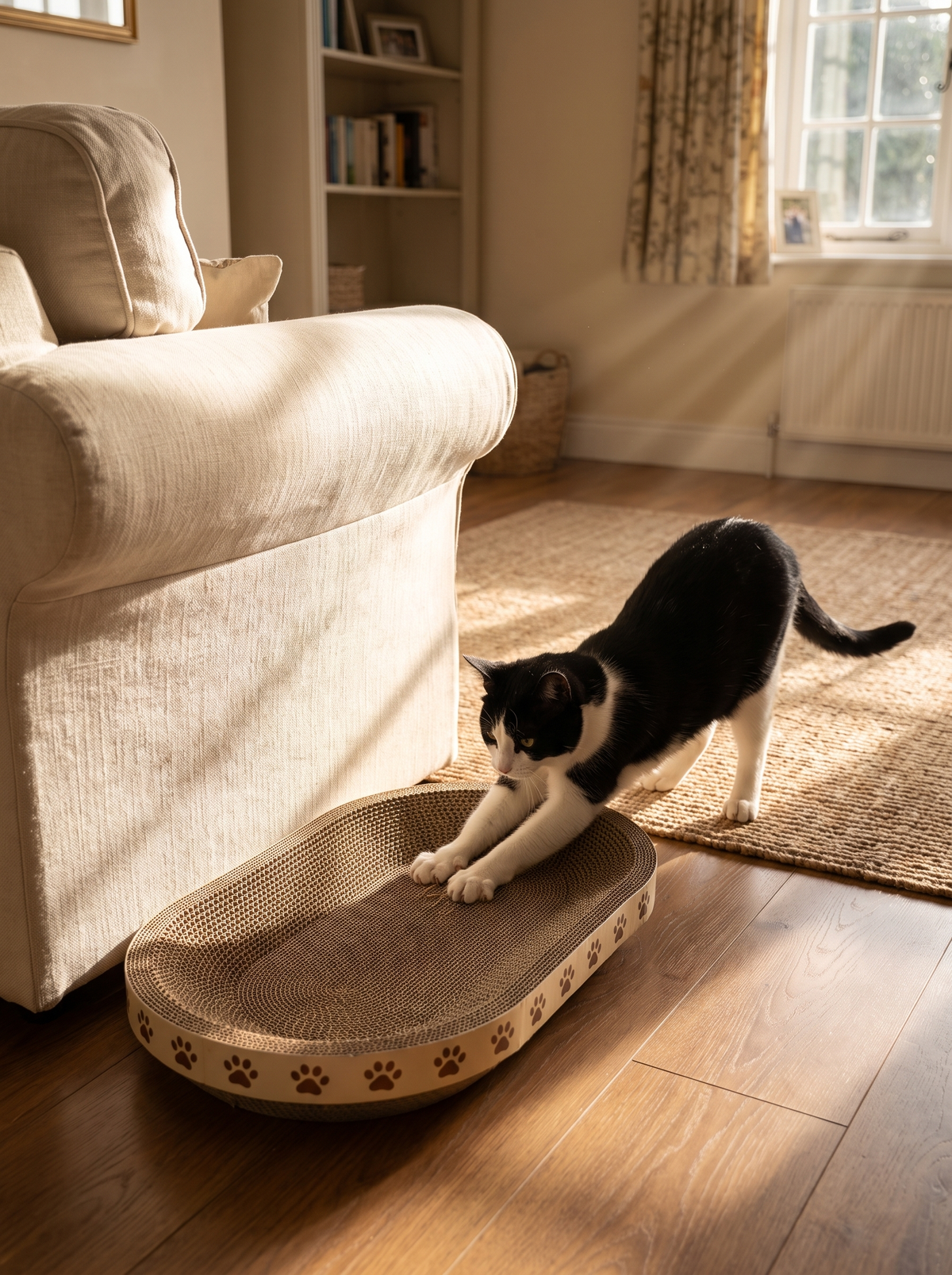 Black and white cat stretching and scratching the oval cardboard scratcher beside a sofa