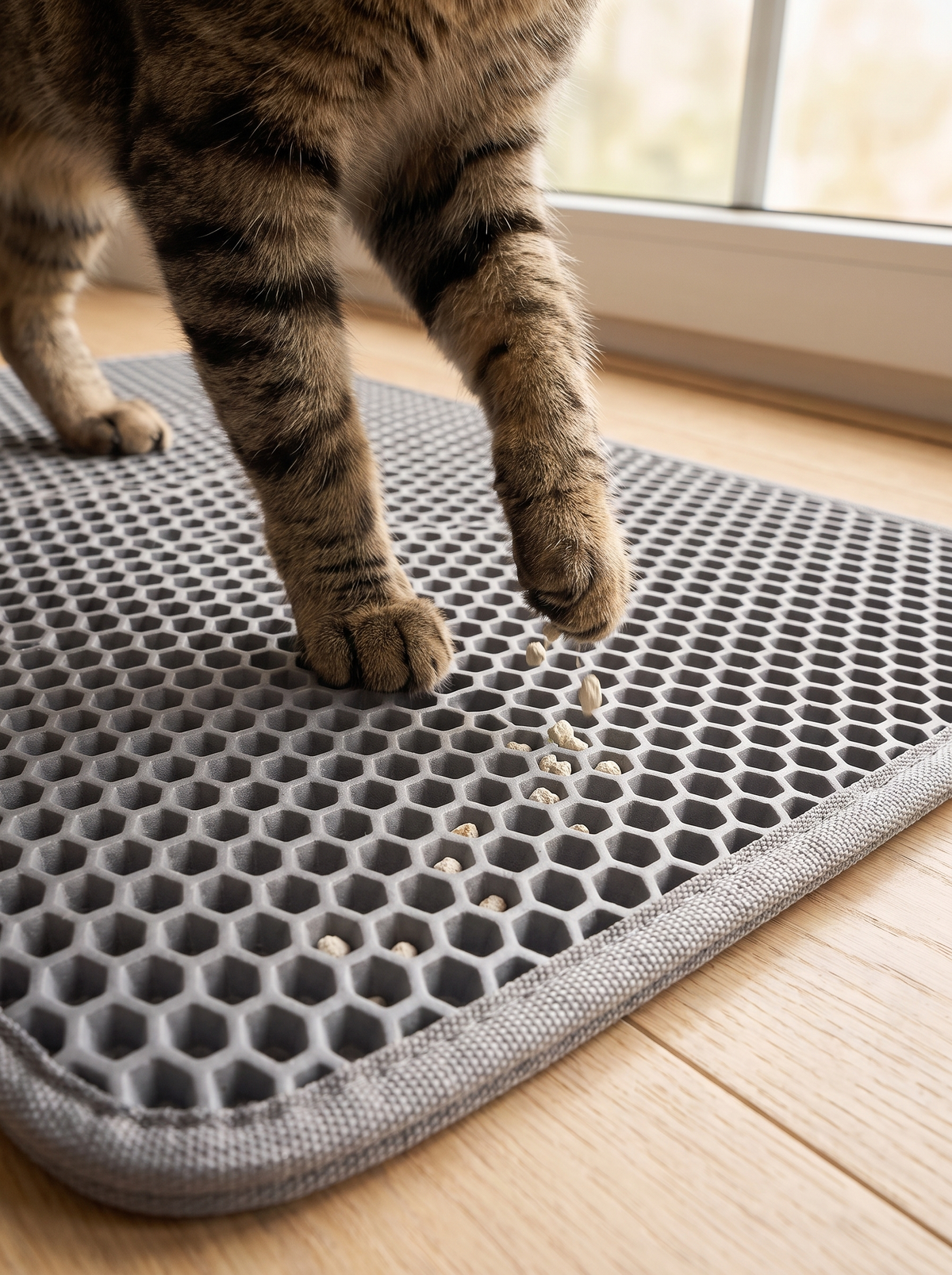 Tabby cat's paws dropping litter granules onto the grey honeycomb litter mat
