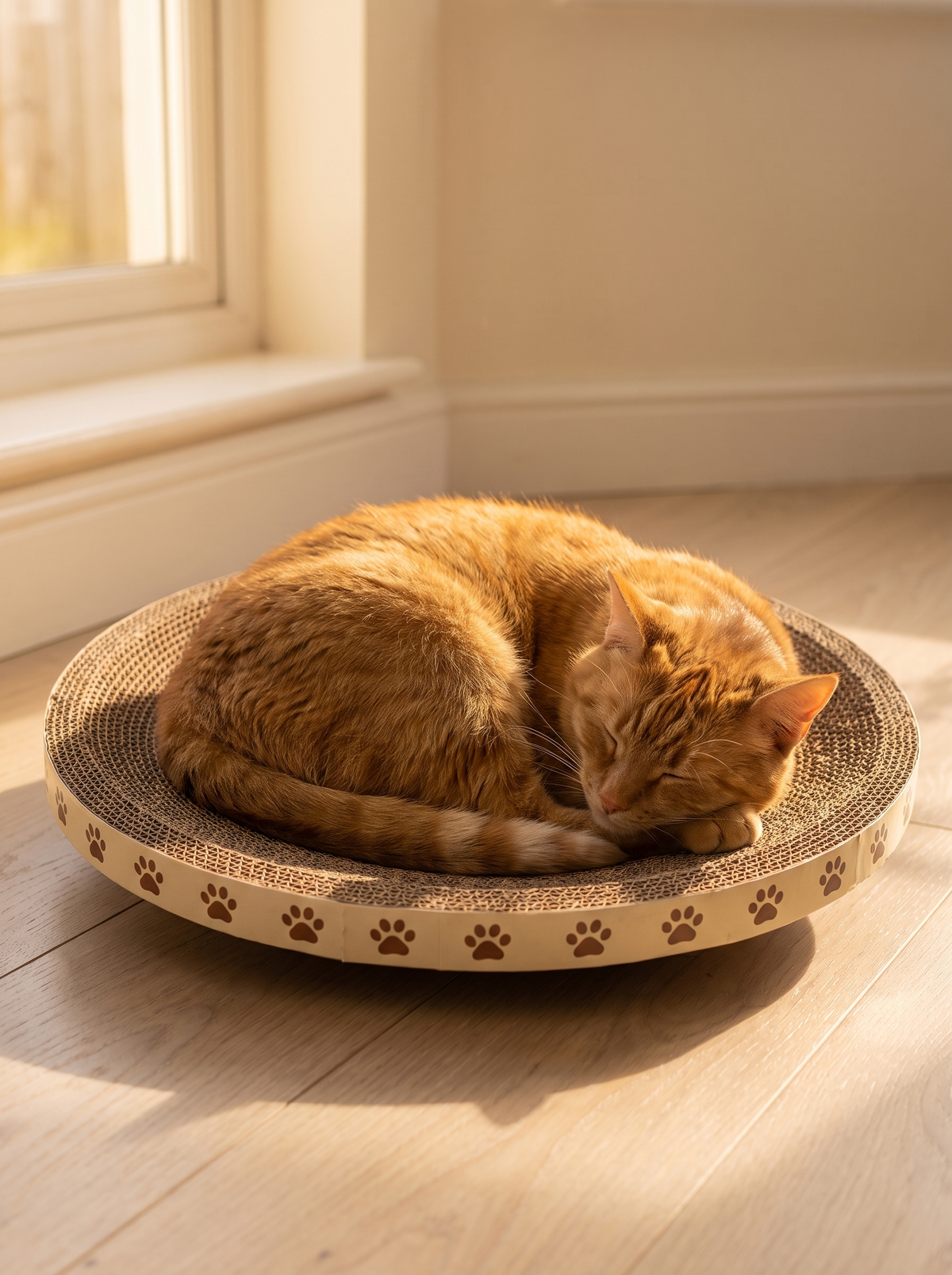 Ginger cat curled up asleep in the oval cardboard cat scratcher in a patch of sun