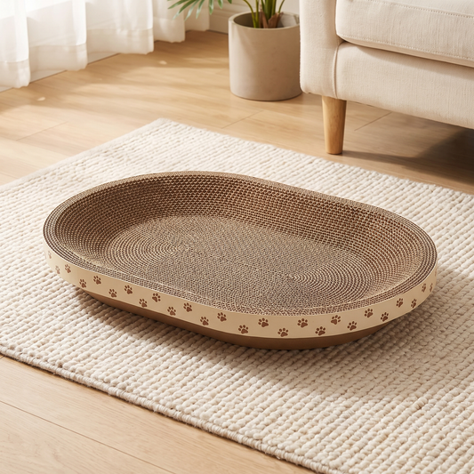 Oval corrugated cardboard cat scratcher with paw print band on a living room rug