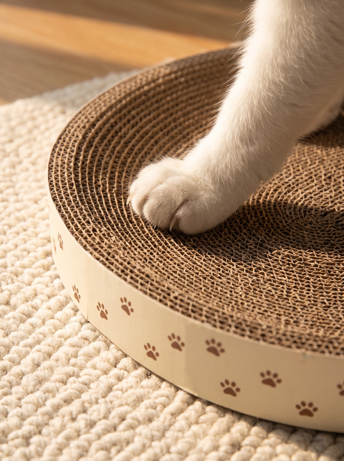 White cat paw resting on the dense corrugated surface of the cardboard cat scratcher