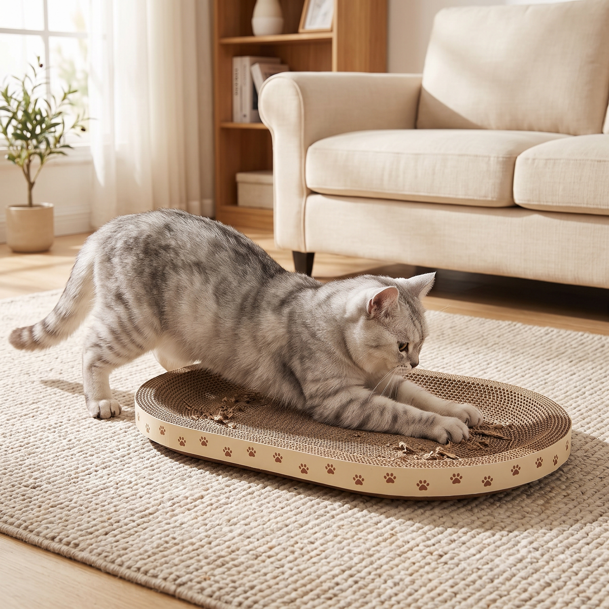Silver tabby cat scratching the oval cardboard cat scratcher in a living room