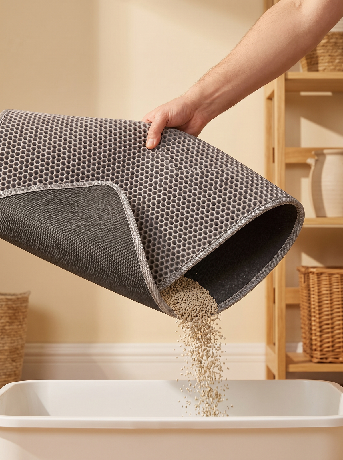 Hand tipping trapped litter out of the double layer litter mat back into the tray
