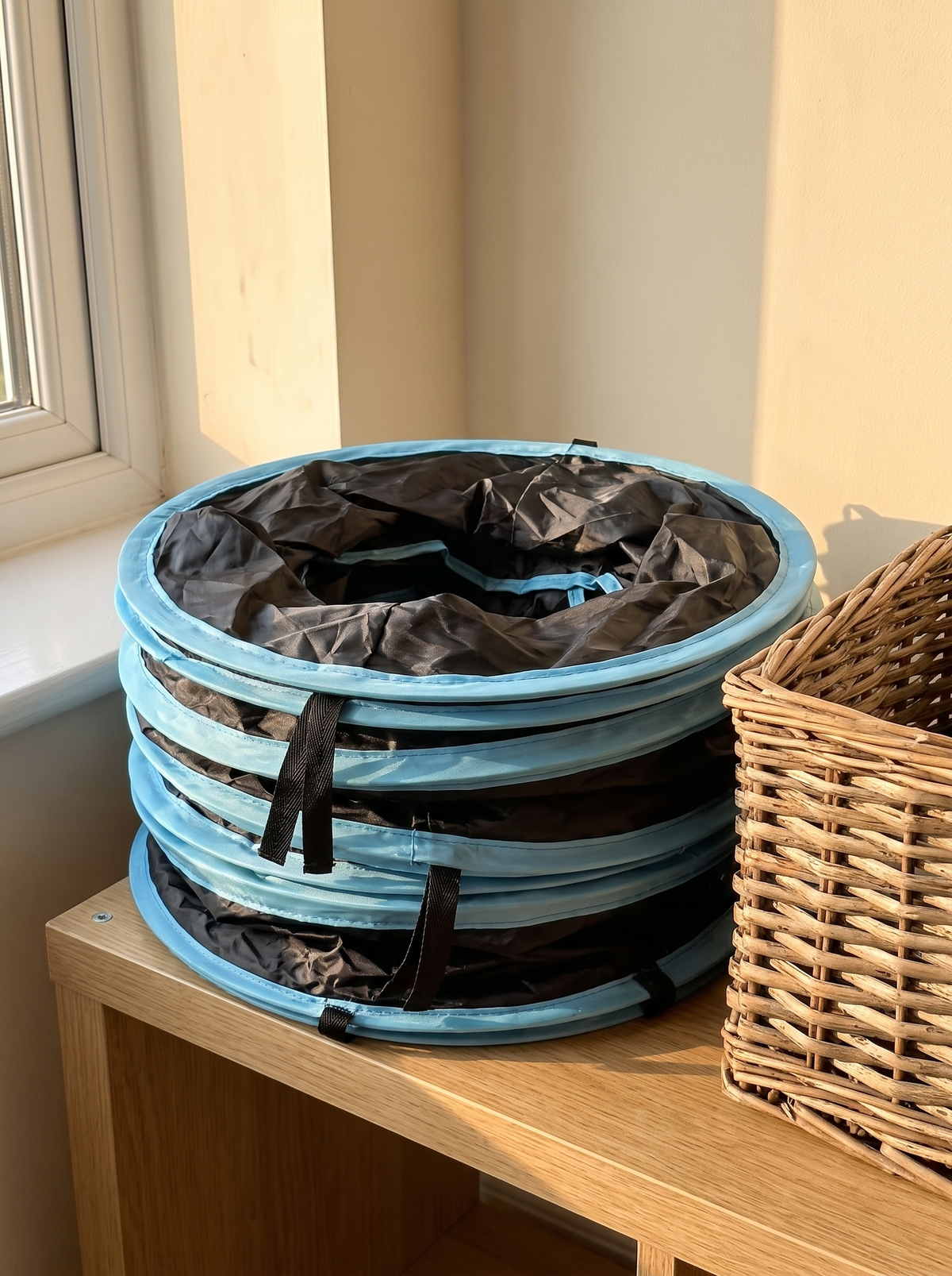 Cat tunnel collapsed flat for storage on an oak shelf beside a basket