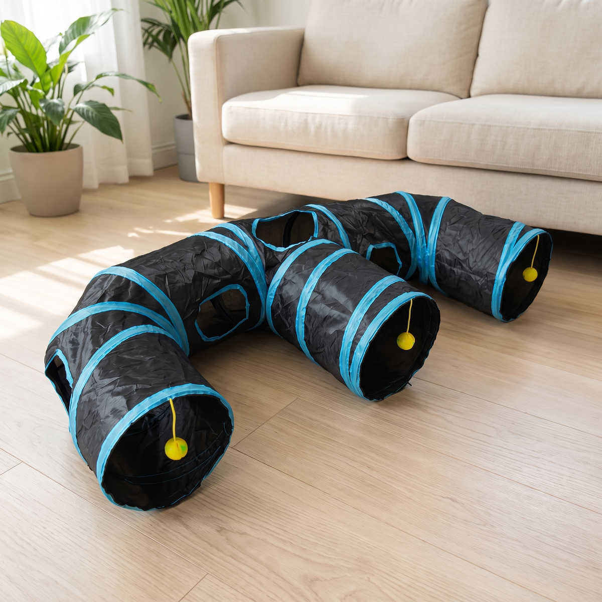 Black and blue 3 way collapsible cat tunnel with hanging balls on a living room floor