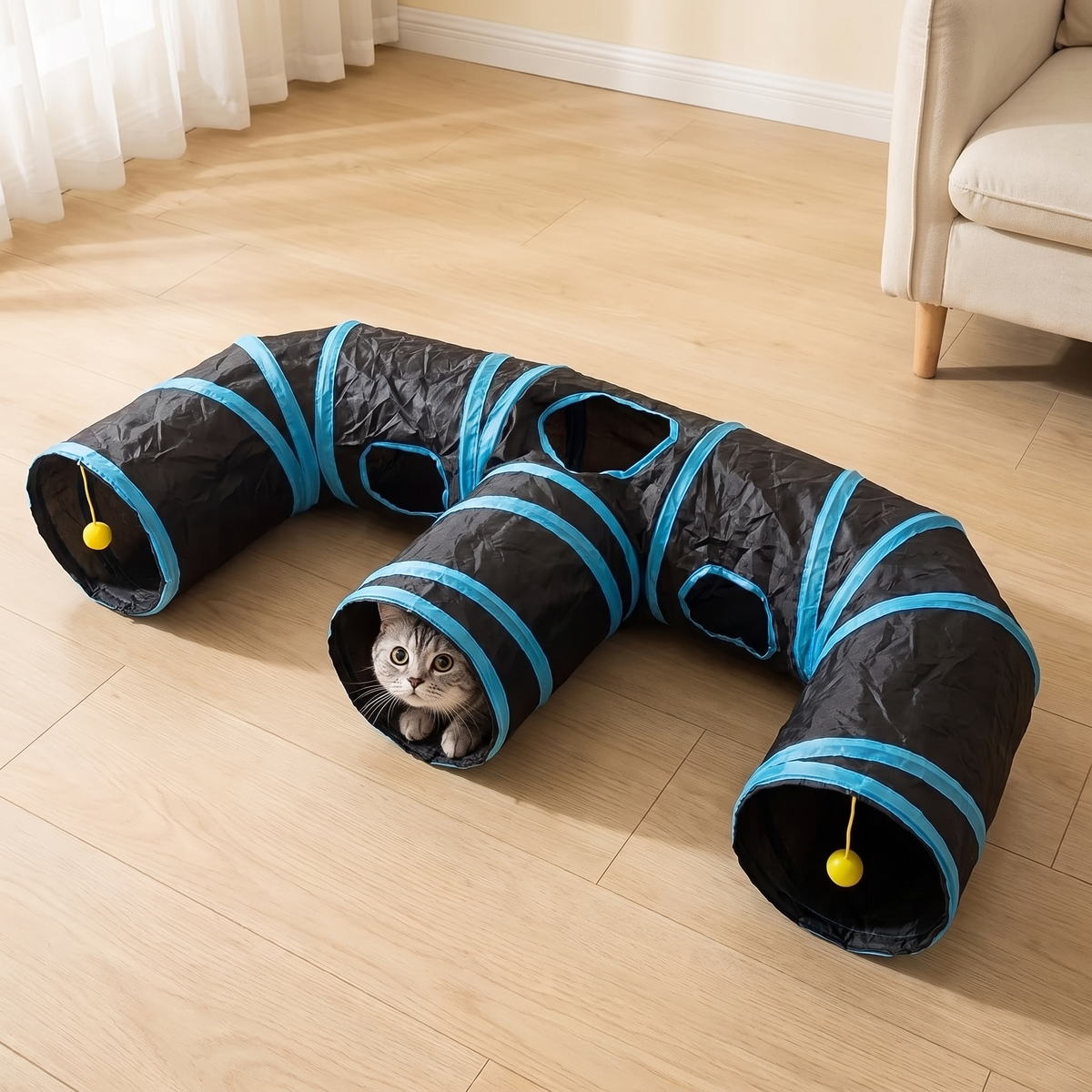 Grey tabby cat peeking out of the middle opening of the 3 way cat tunnel