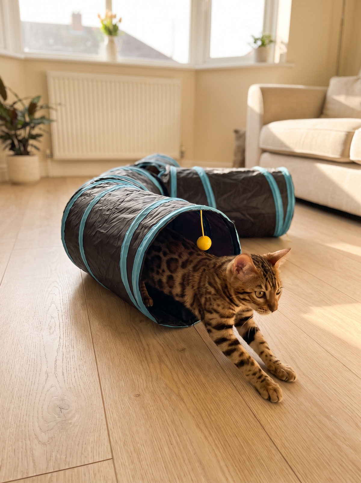 Bengal cat bursting out of an opening of the 3 way cat tunnel