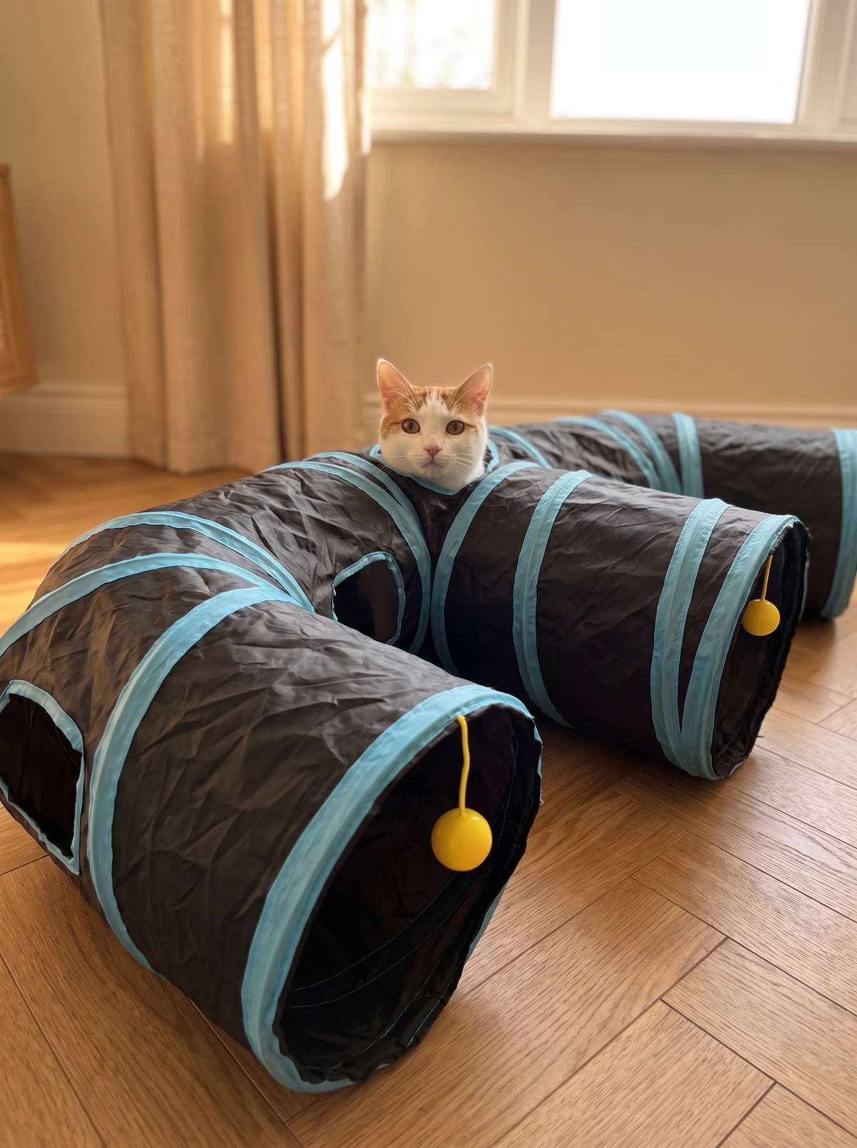 White and ginger cat popping its head through a peep hole in the cat tunnel