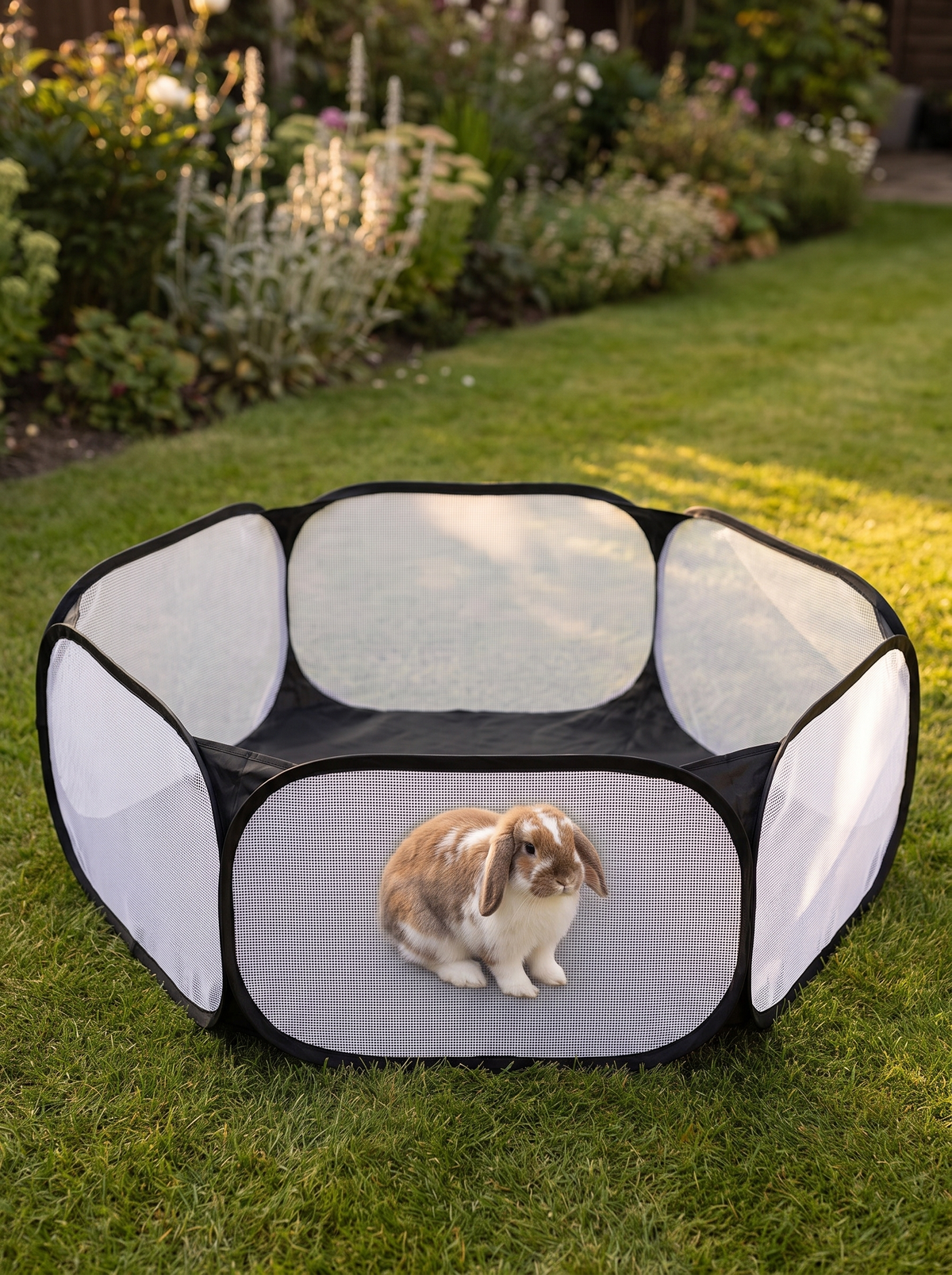 Lop-eared rabbit sitting inside the pop up pet playpen on a garden lawn