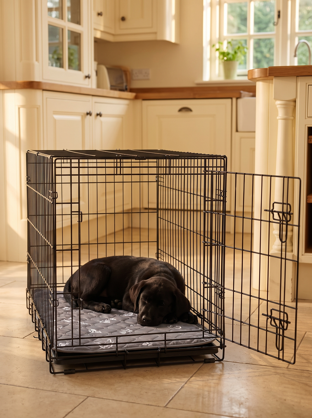 Black Labrador puppy asleep on the washable pee pad lining a wire dog crate