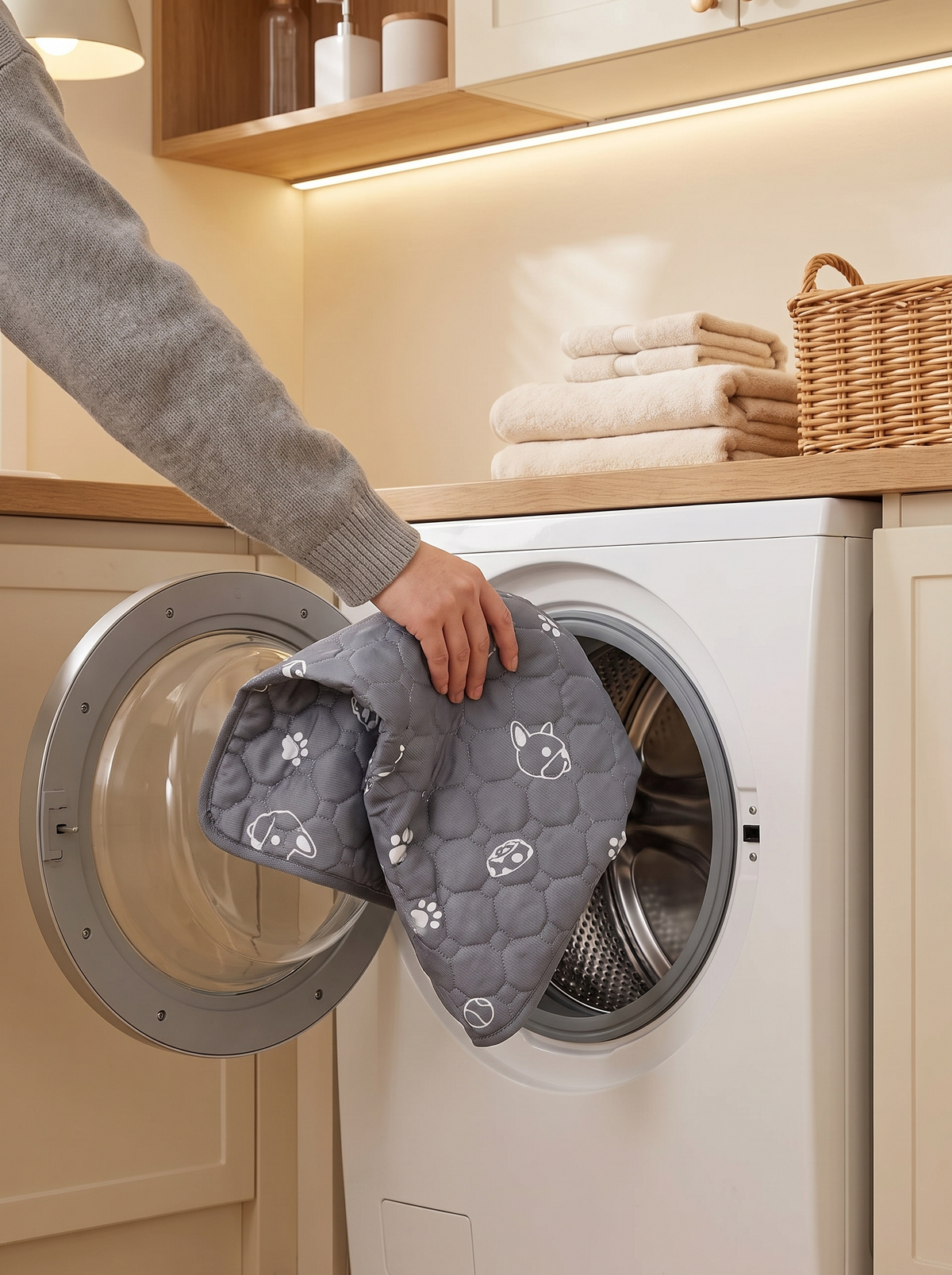 Hand putting the grey washable puppy pad into a washing machine