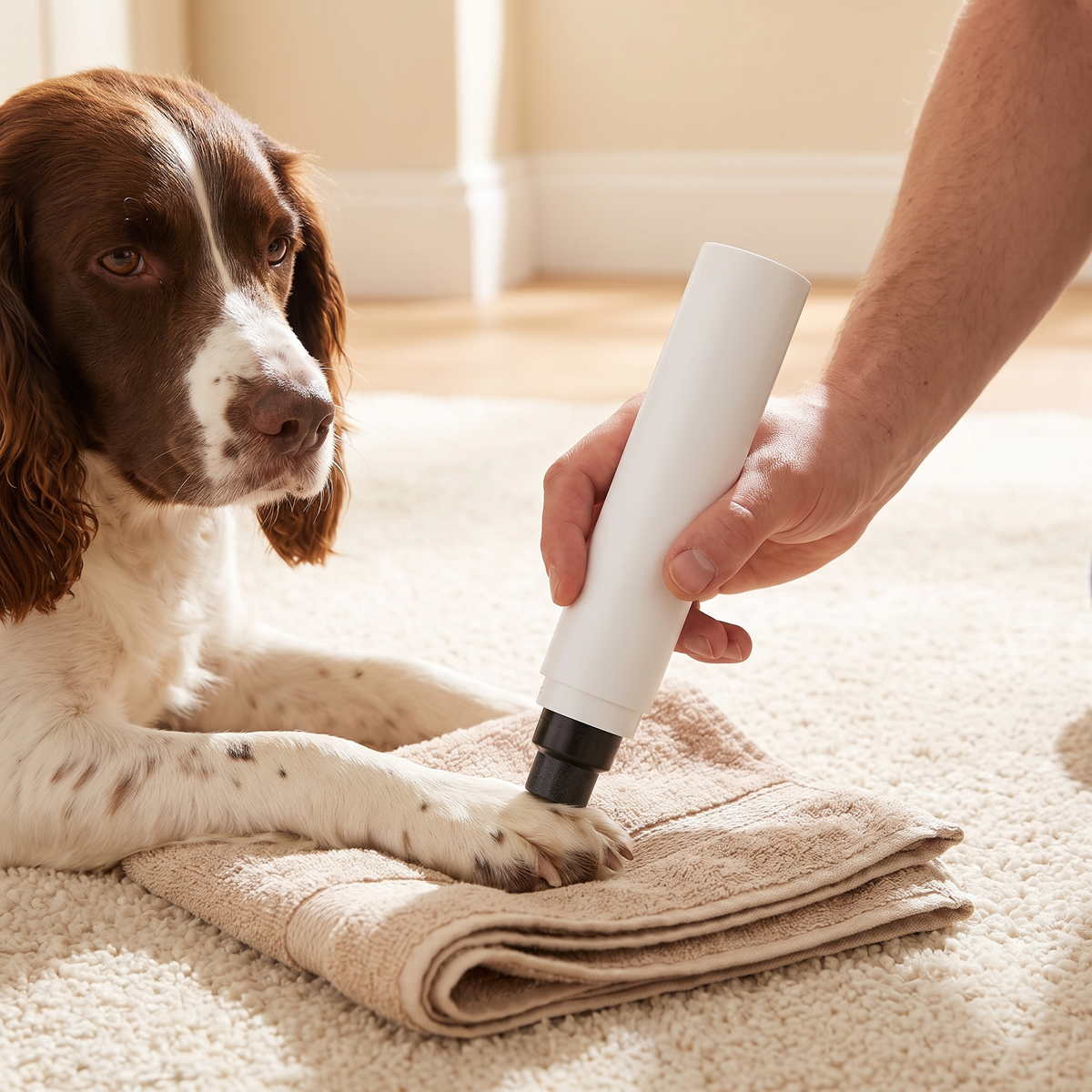 Hand holding the white nail grinder to a springer spaniel's nail as it rests on a rug