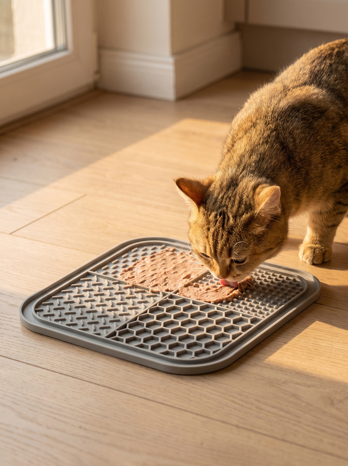 Tabby cat licking food from the grey silicone lick mat on a kitchen floor