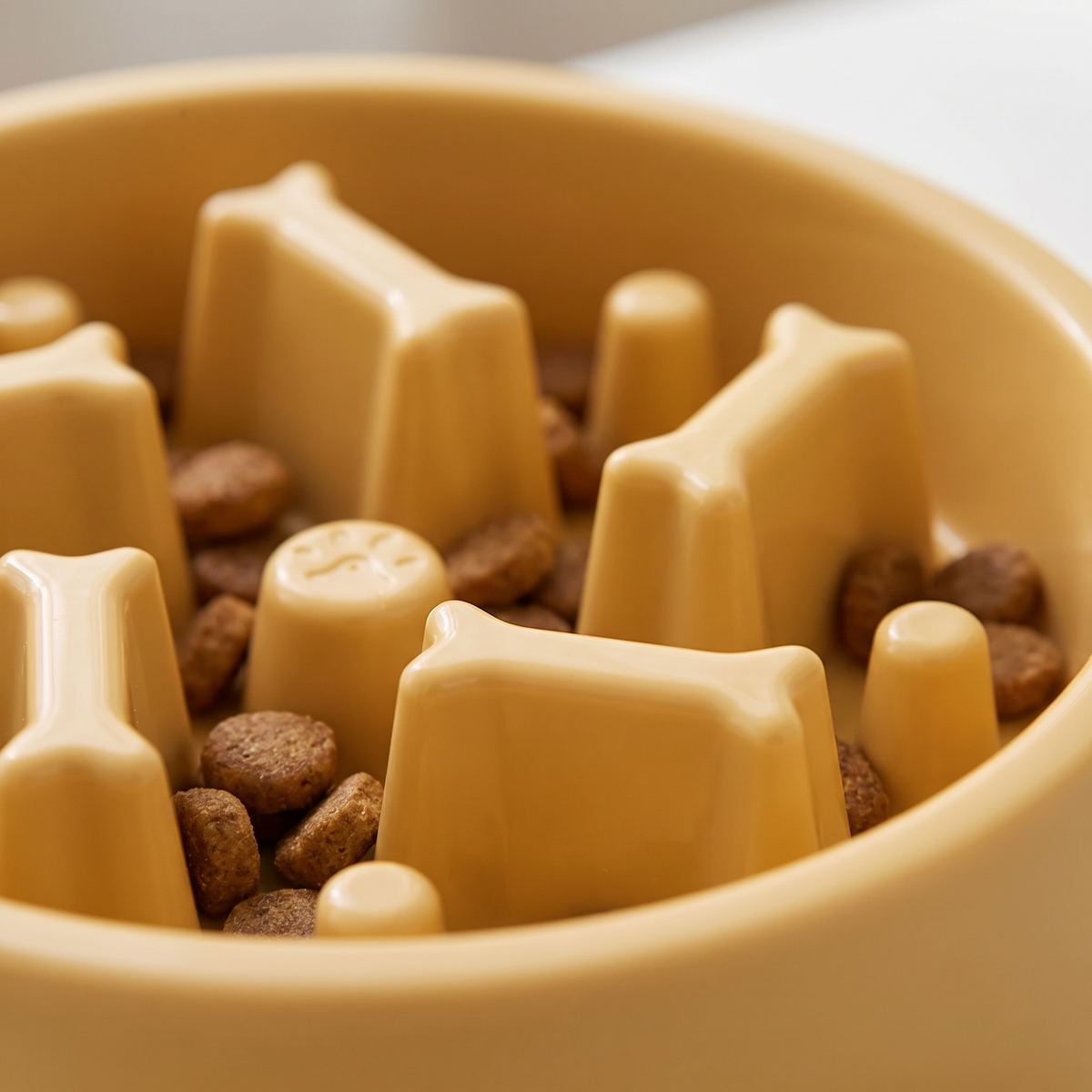 Close-up of kibble between the raised bone-shaped ridges of the slow feeder bowl