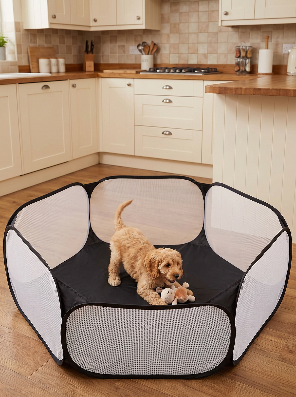 Cockapoo puppy playing with a toy inside the open topped pop up playpen in a kitchen