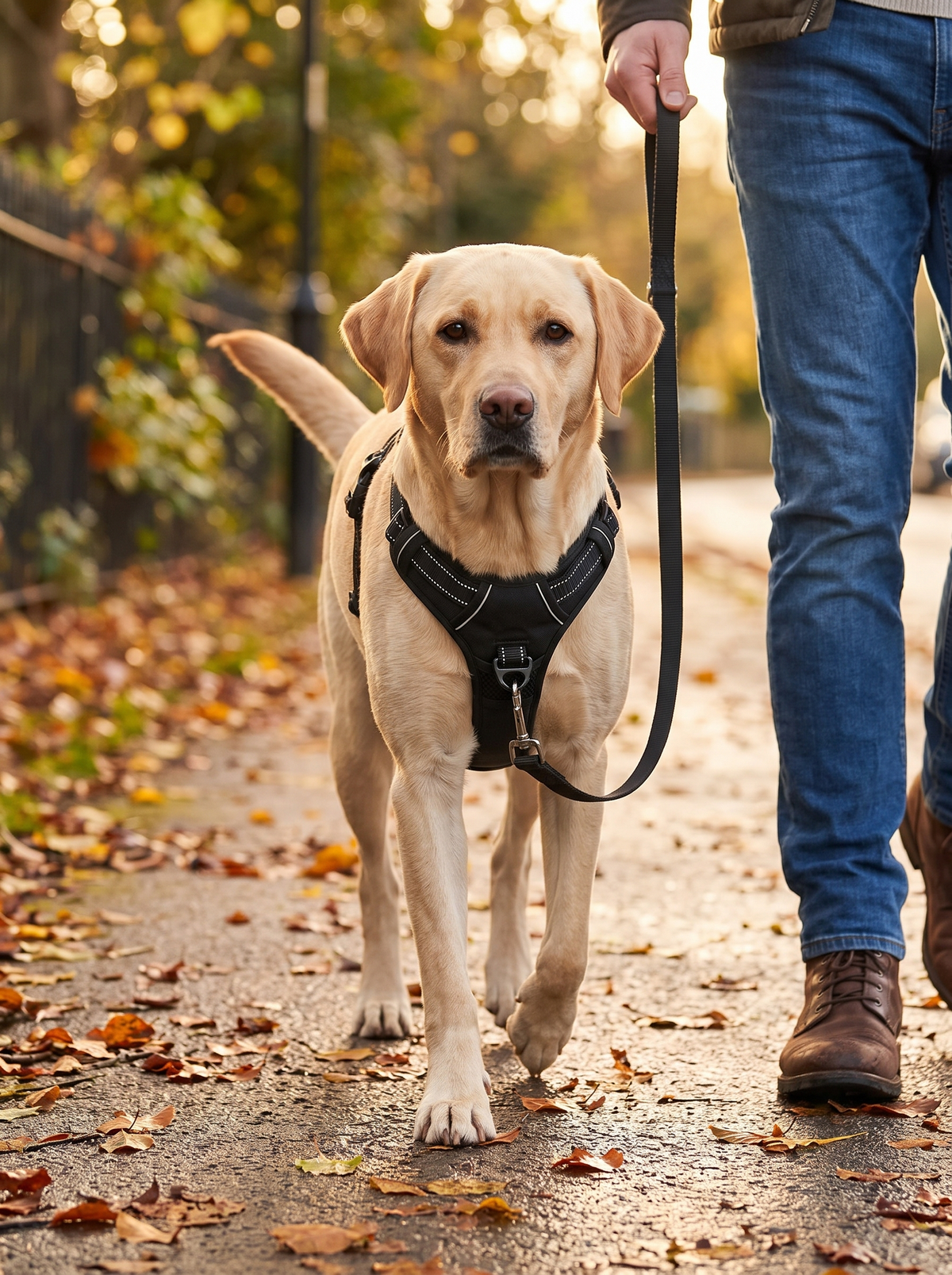 Labrador walking on a loose lead clipped to the front chest ring of the black no pull harness