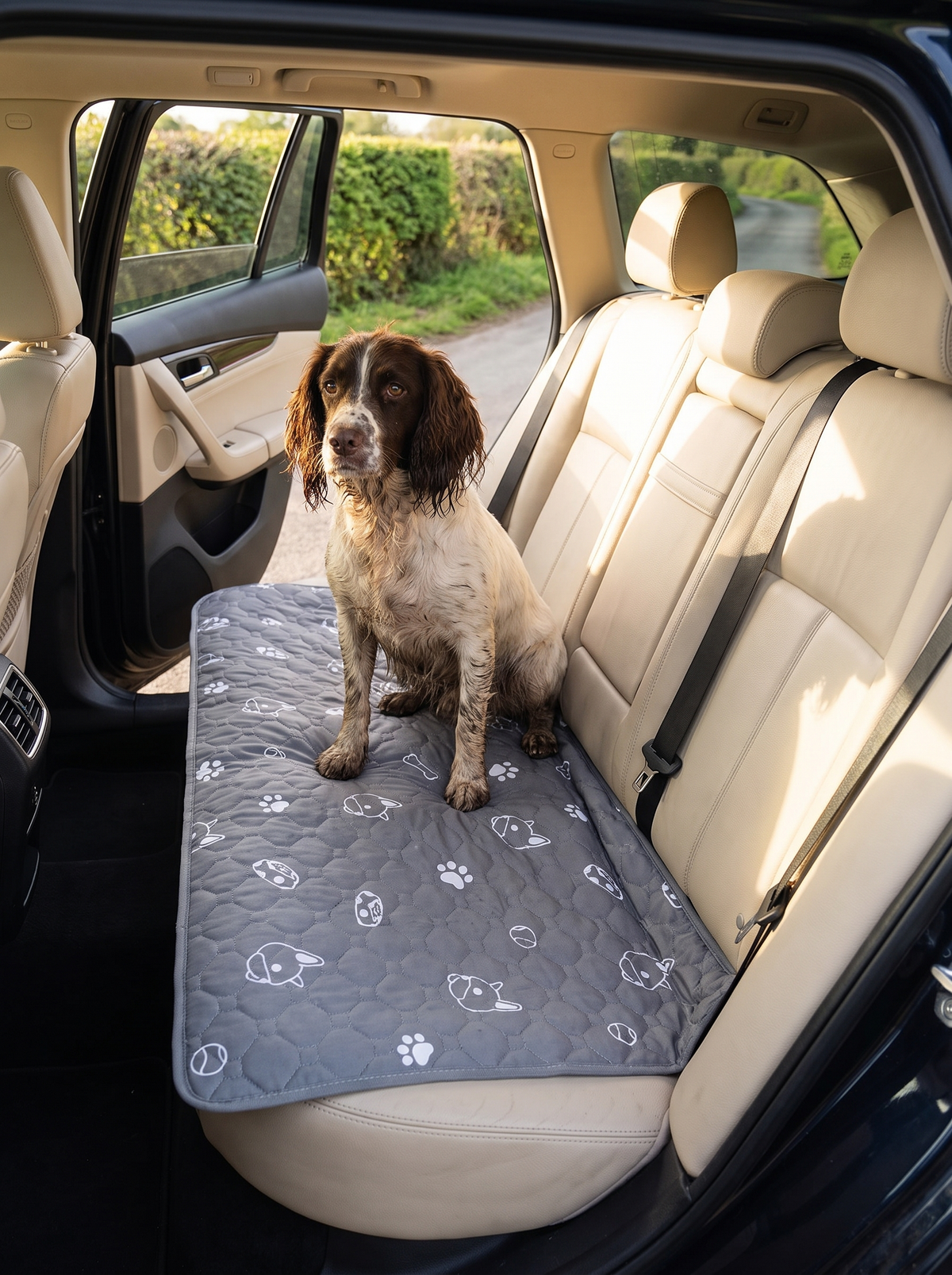 Springer spaniel sitting on the washable pee pad on the back seat of a car