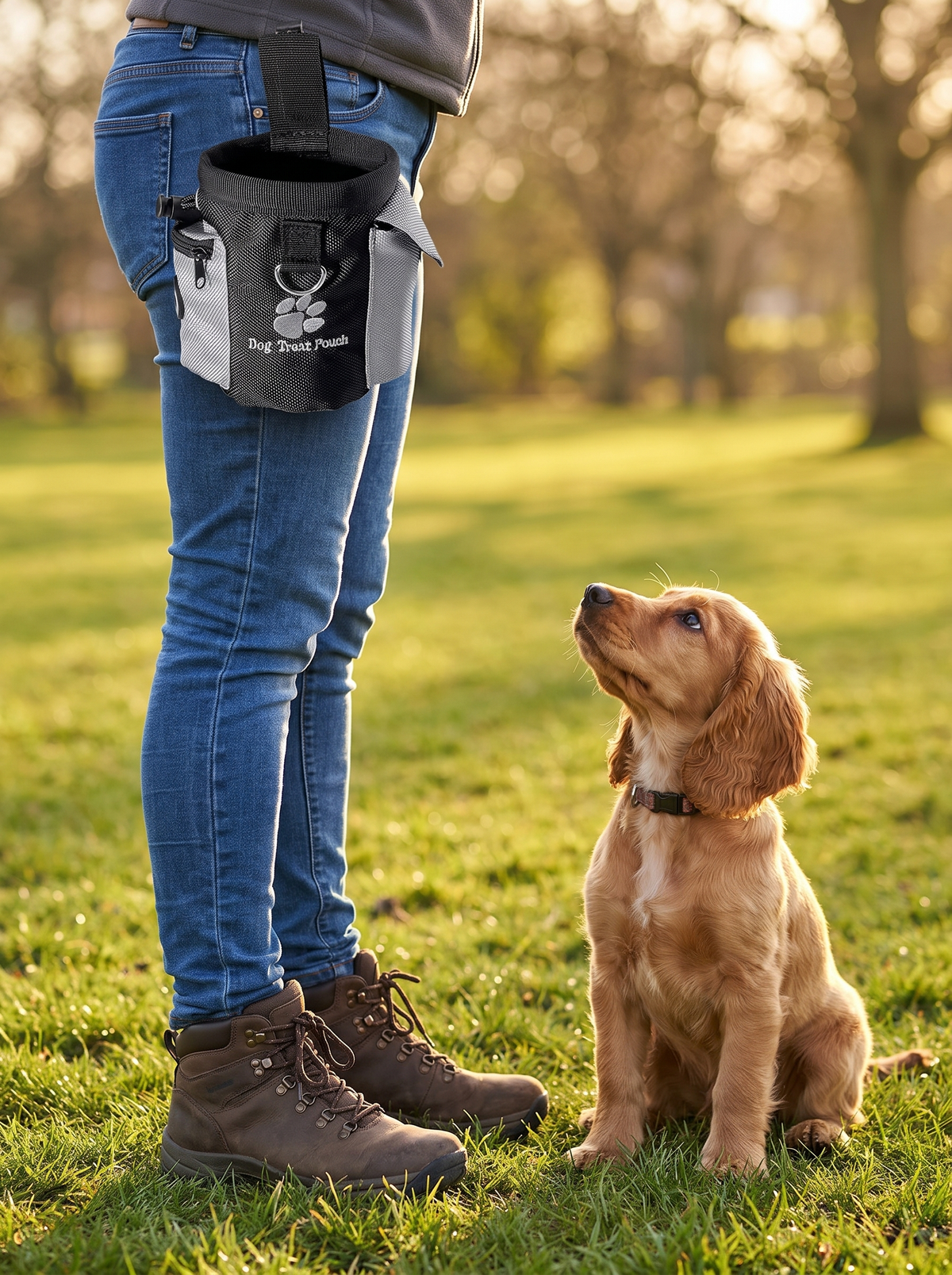 Cocker spaniel puppy sitting and looking up at the dog treat pouch clipped to its owner's hip