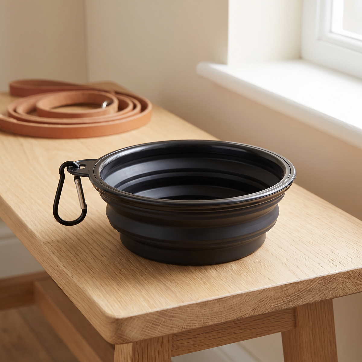 Black collapsible silicone dog travel bowl with carabiner on an oak hallway bench