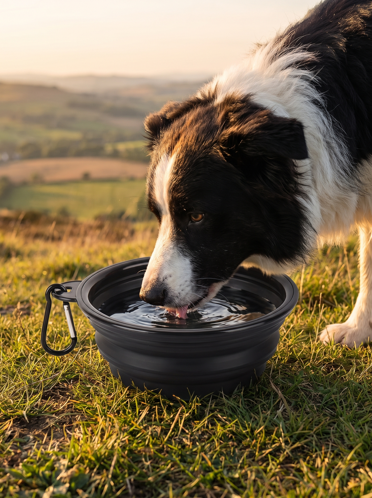 Border collie drinking from a collapsible travel bowl on a grassy hilltop