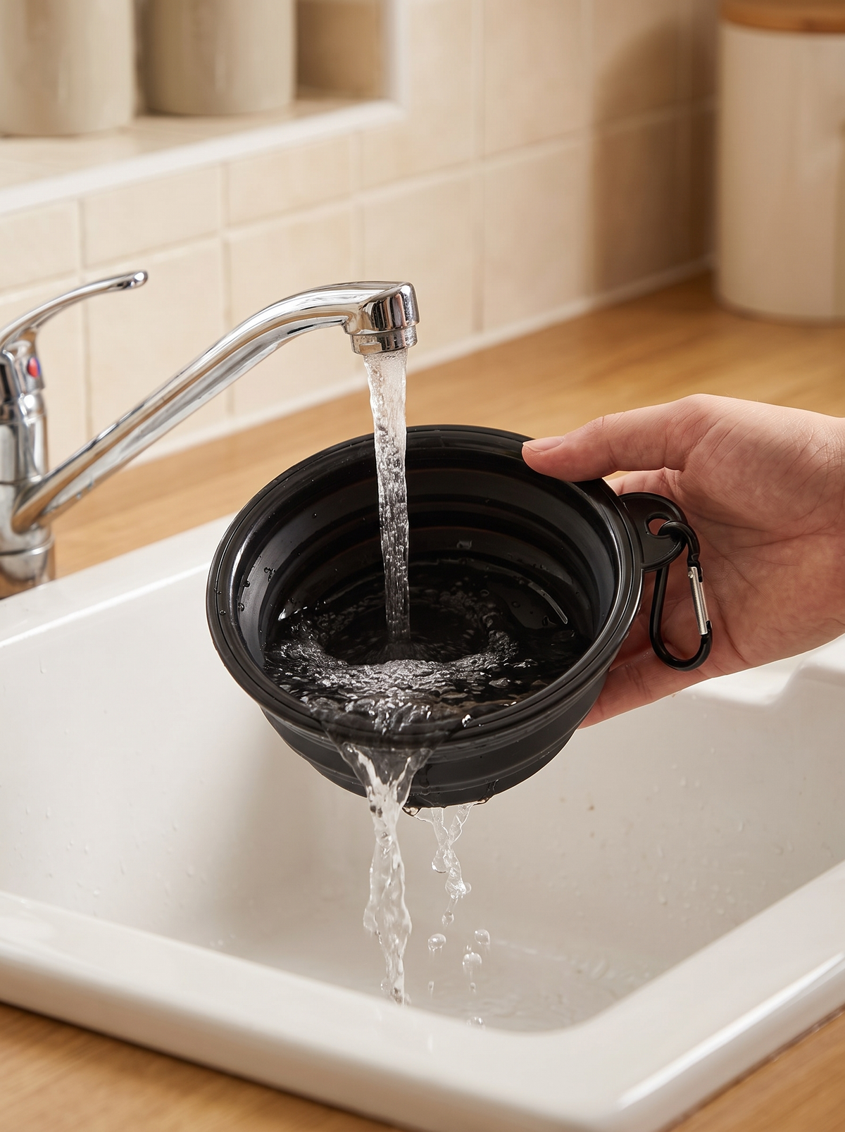 Collapsible silicone dog bowl being rinsed under a kitchen tap