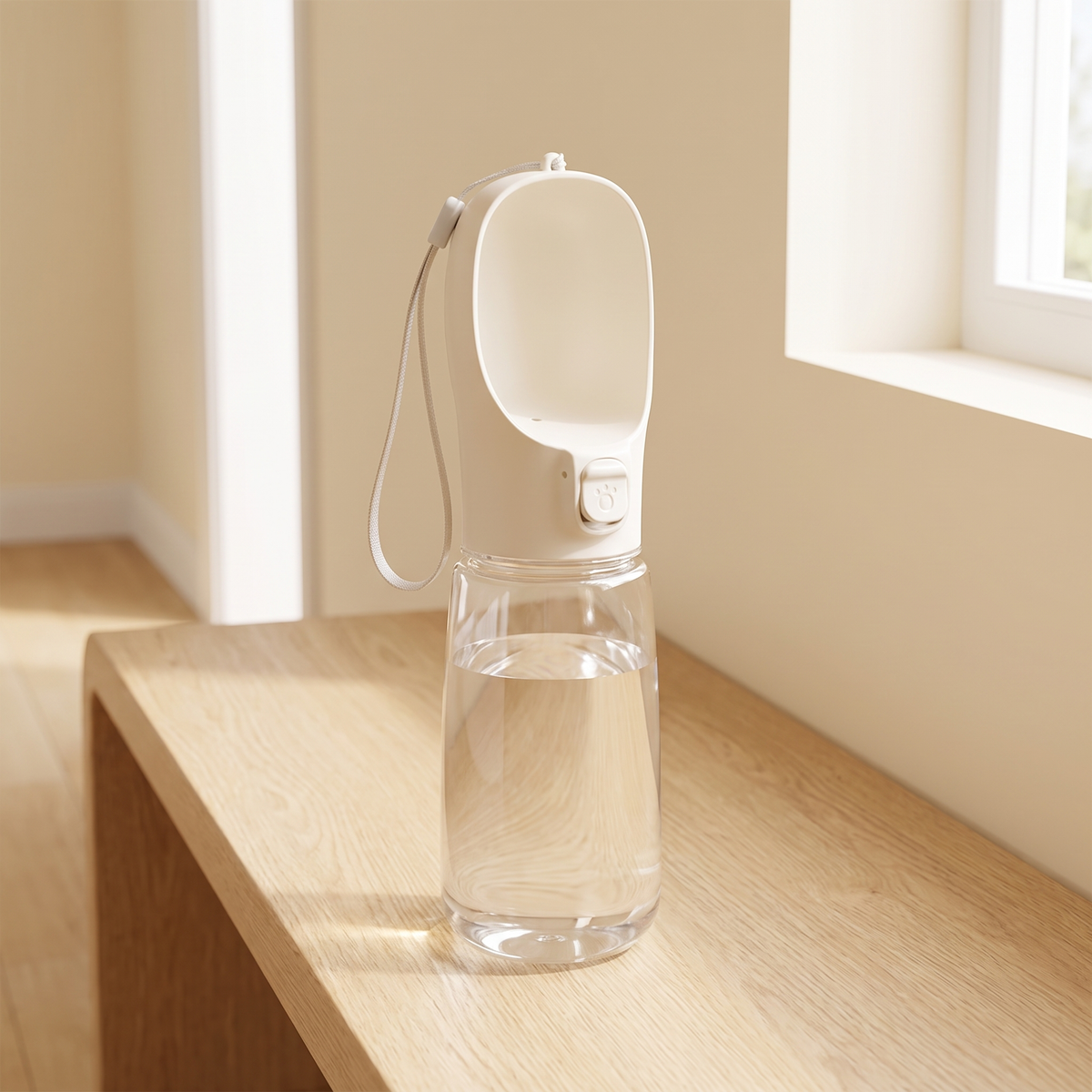 White portable dog water bottle with drinking trough on an oak hallway bench