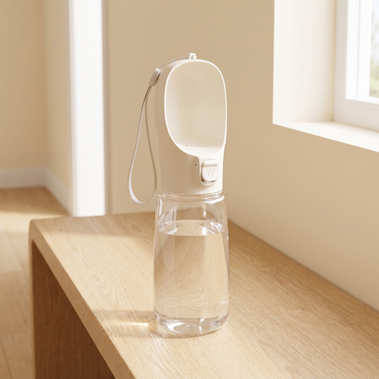 White portable dog water bottle with drinking trough on an oak hallway bench