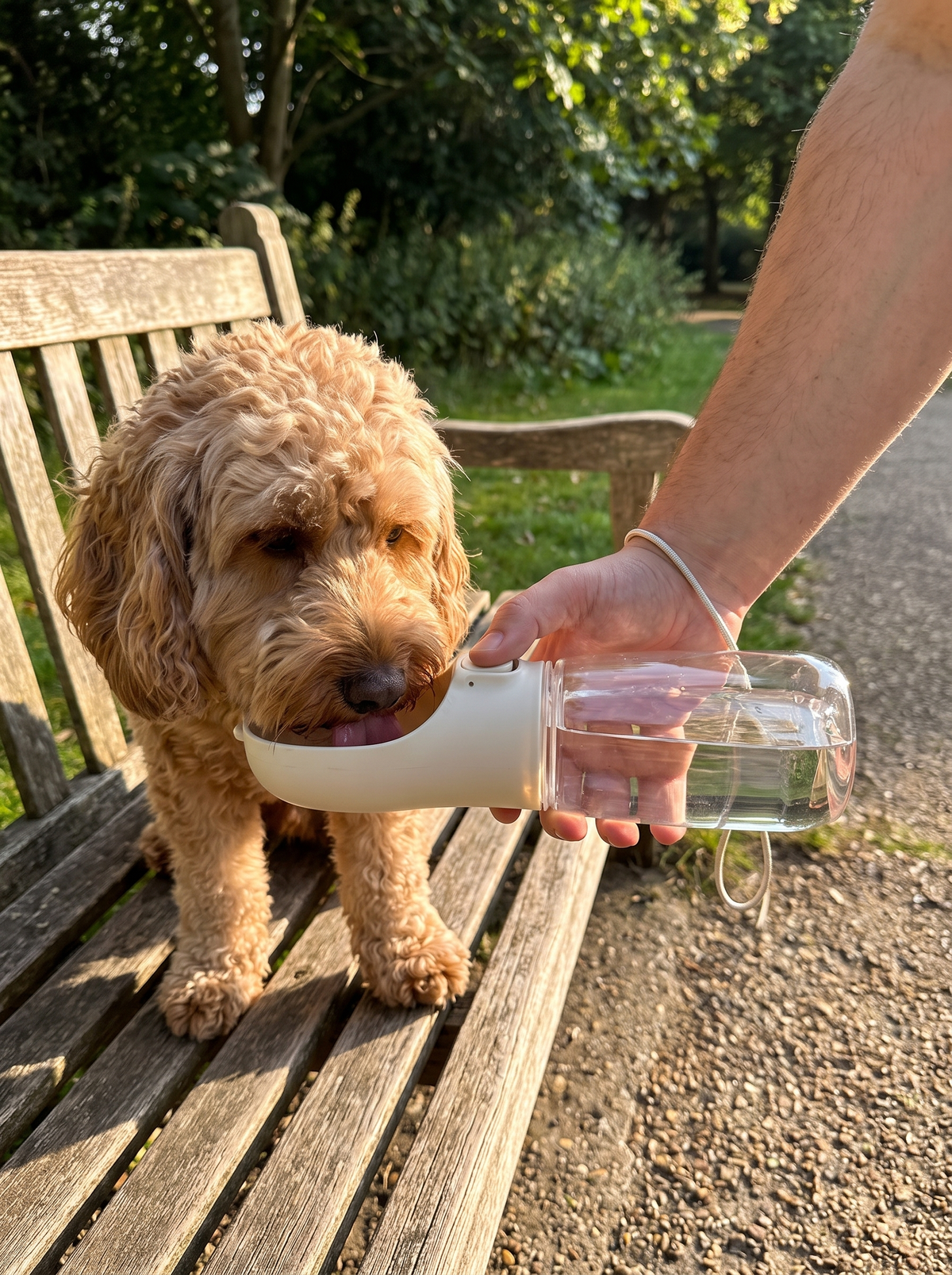 Cockapoo drinking from a portable dog water bottle on a park bench