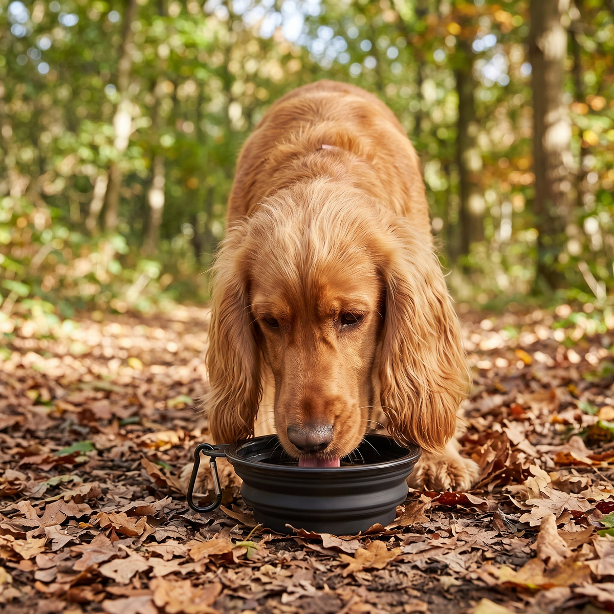 Cocker spaniel drinking from a black collapsible travel bowl on a woodland path