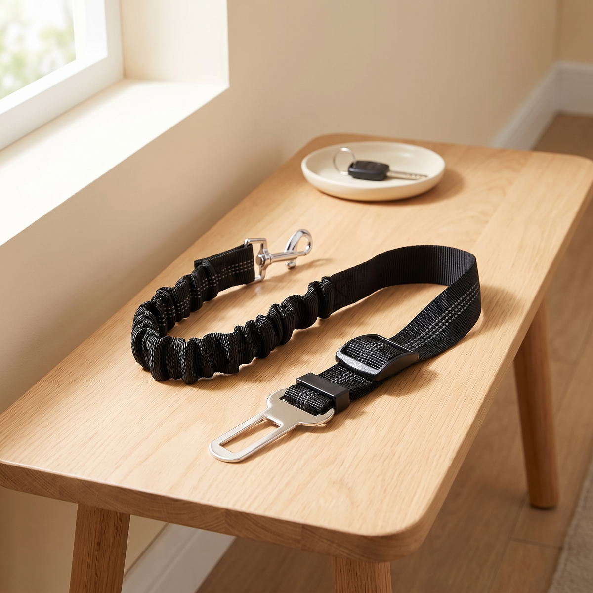 Black adjustable dog car seat belt with bungee section on an oak hallway bench