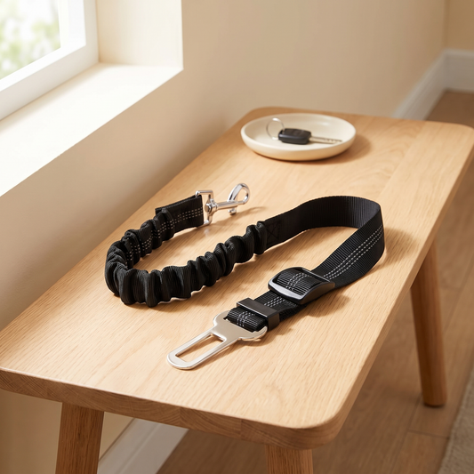 Black adjustable dog car seat belt with bungee section on an oak hallway bench
