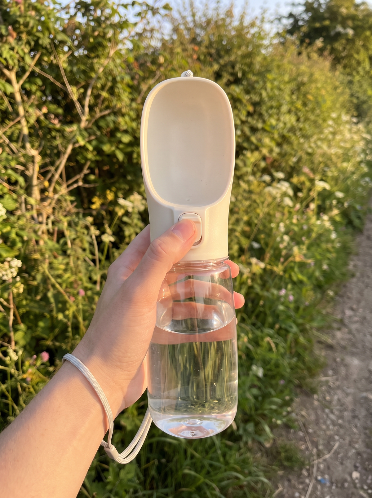 Hand holding a portable dog water bottle upright with thumb on the button