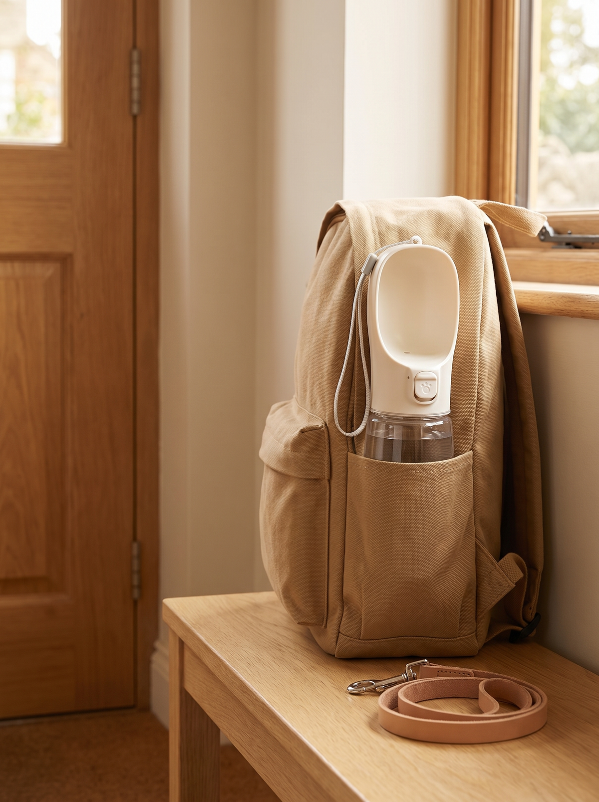 Portable dog water bottle in the side pocket of a canvas rucksack
