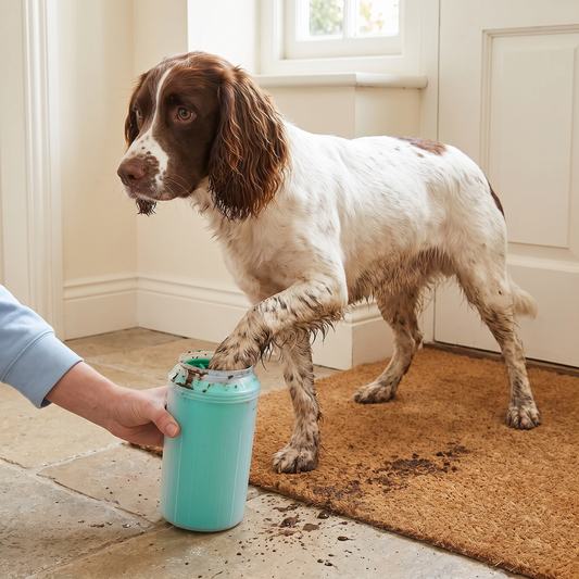 Springer spaniel having a muddy paw cleaned in a paw cleaner cup by the back door