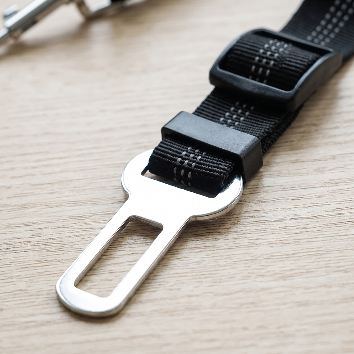 Close-up of the metal buckle tongue and reflective stitching on a dog seat belt