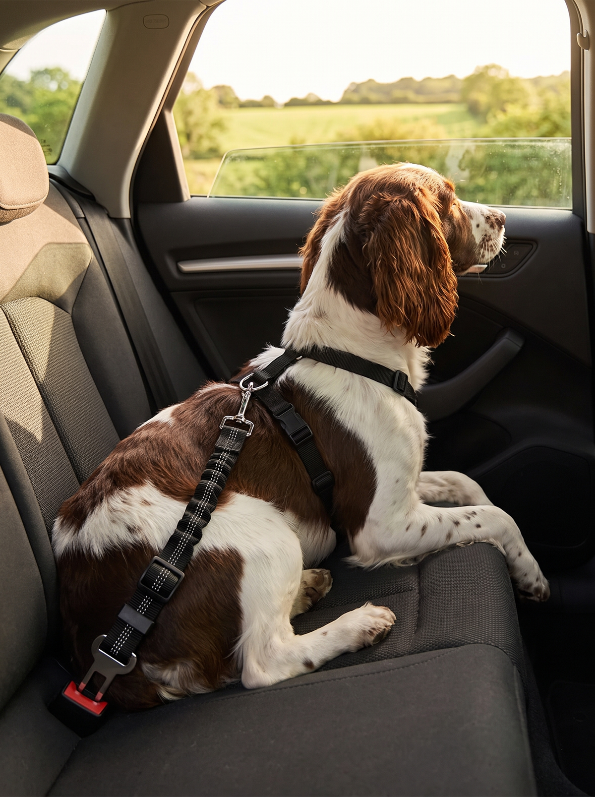 Springer spaniel clipped in with a dog seat belt looking out of a car window