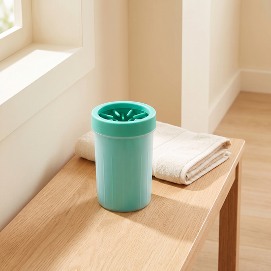 Green silicone dog paw cleaner cup beside a folded towel on a hallway bench