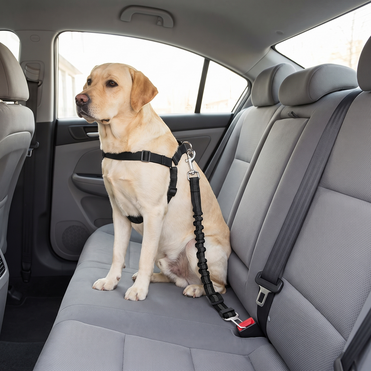 Labrador in a harness clipped in with a dog car seat belt on the back seat