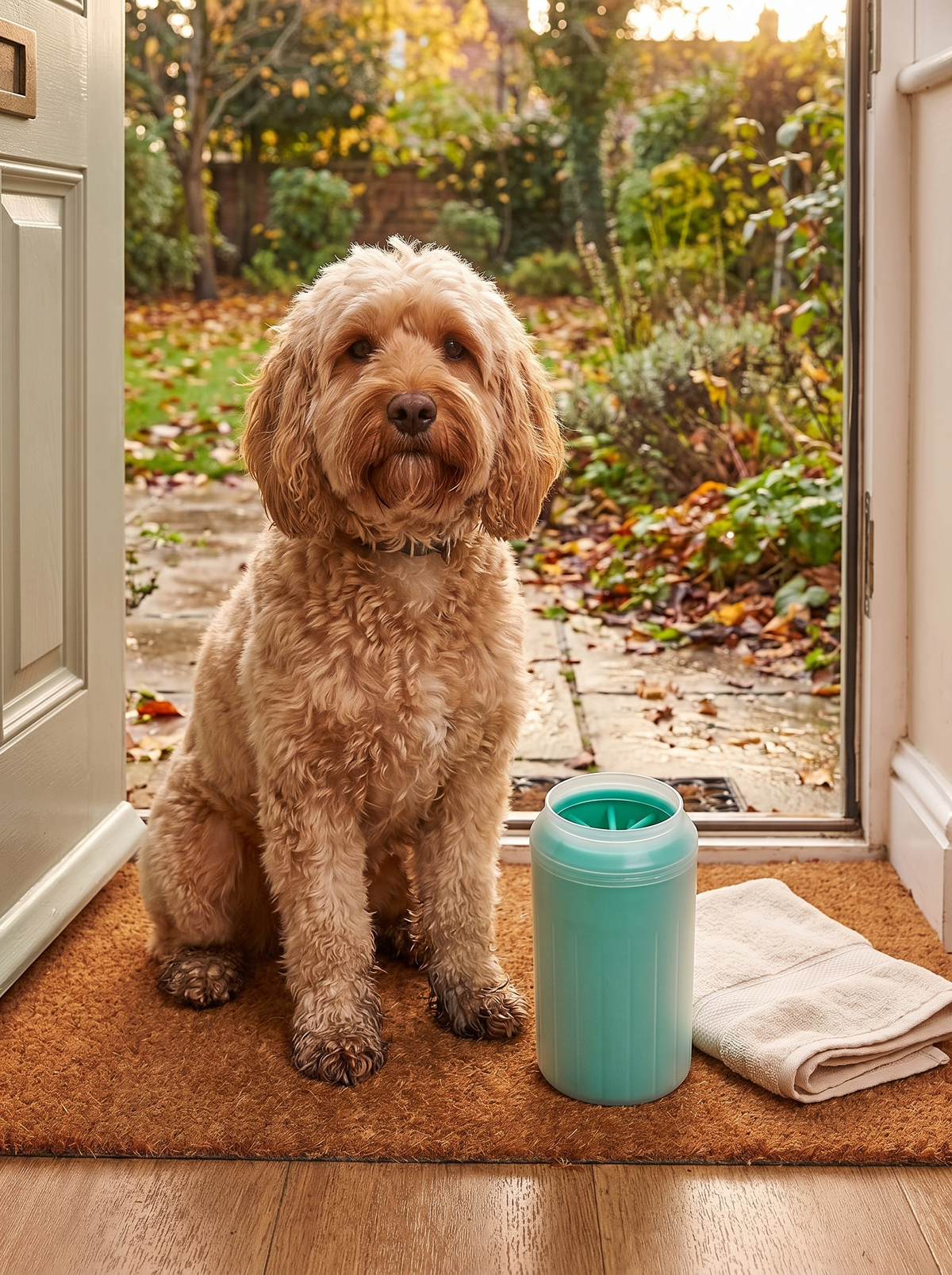 Cockapoo with muddy paws on a doormat beside a paw cleaner cup and towel