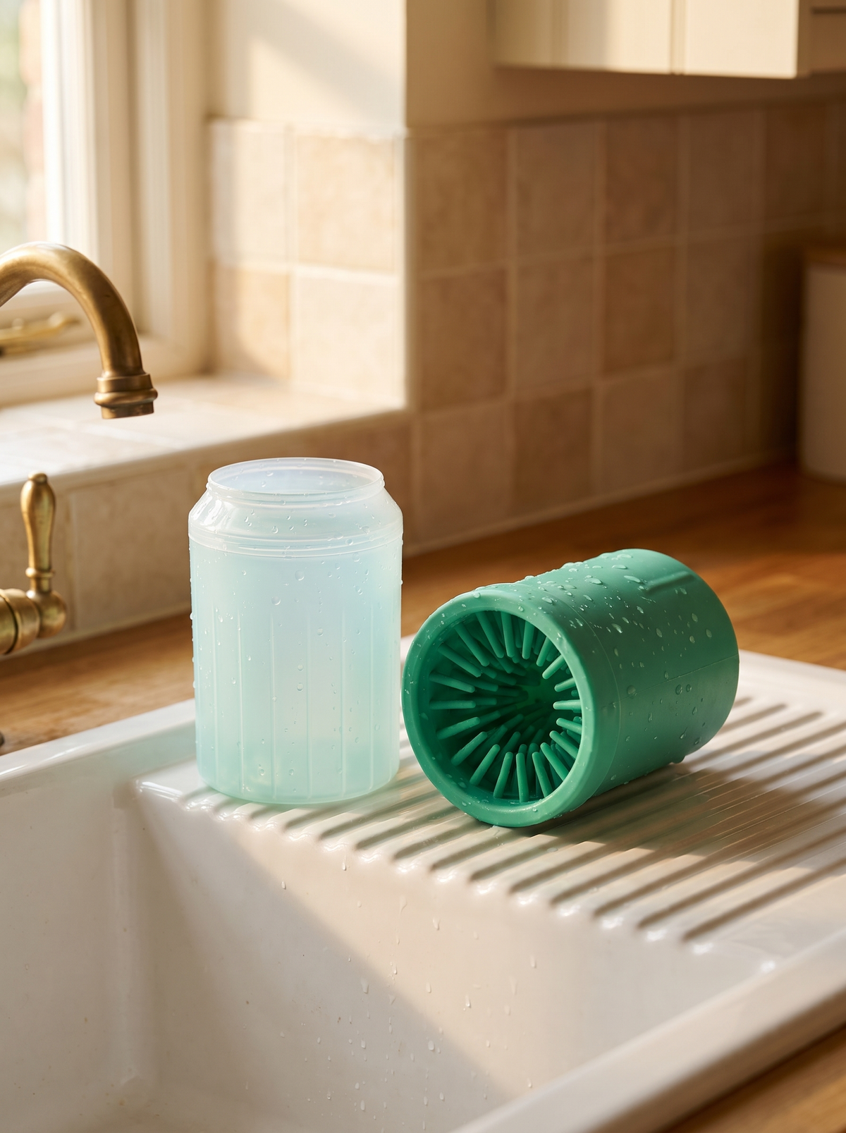Paw cleaner cup and bristle insert drying apart beside a utility sink