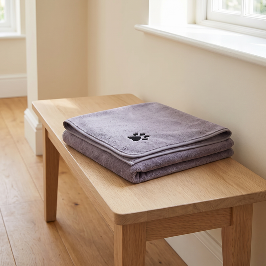 Grey microfibre dog drying towel with embroidered paw folded on an oak bench