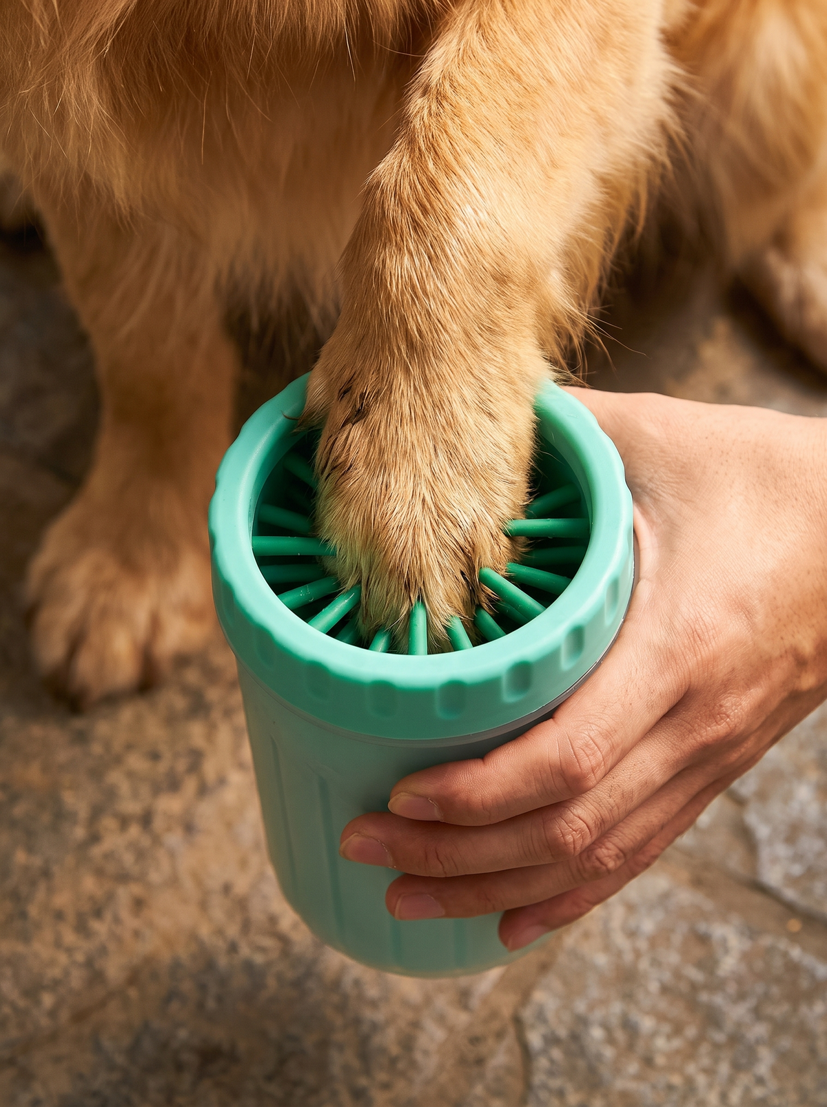 Dog paw going into the silicone bristles of a paw cleaner cup