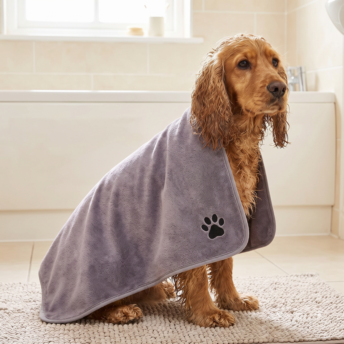 Damp cocker spaniel sitting with a grey microfibre drying towel over its back