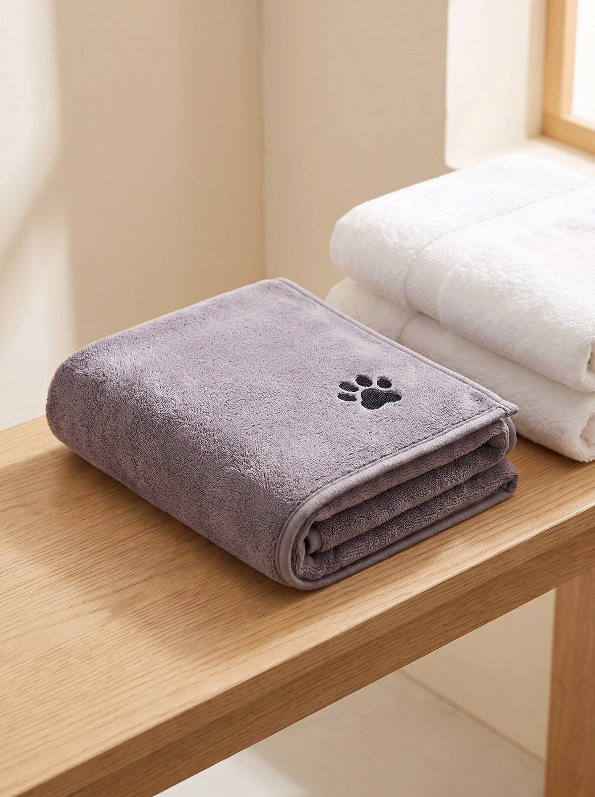 Grey dog towel with paw motif folded beside a stack of white bath towels