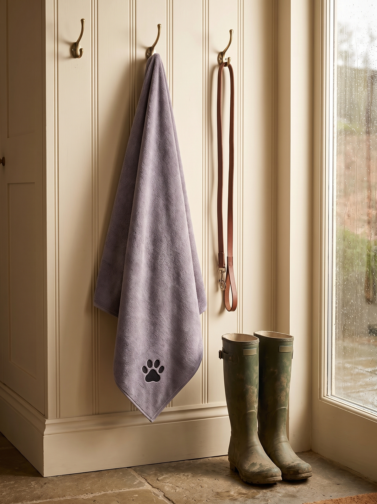 Grey dog drying towel hanging on a brass hook by the back door