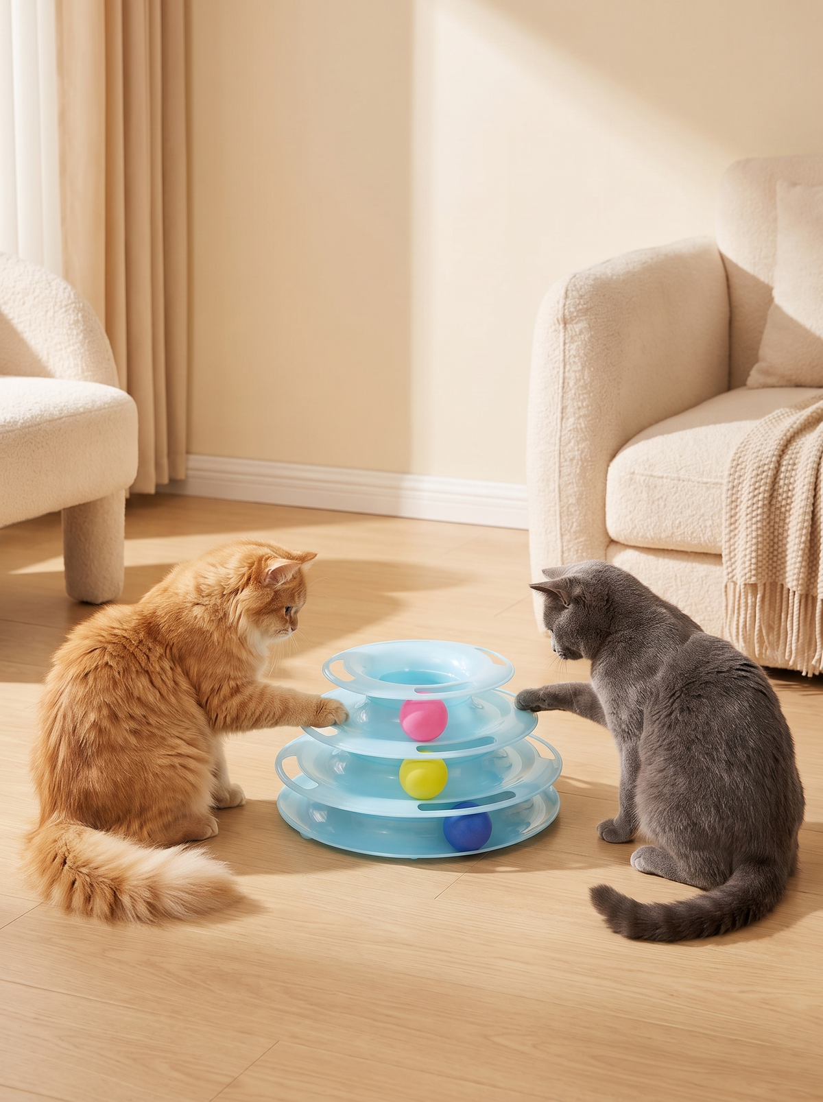 Two cats playing together with a 3 tier cat ball track tower