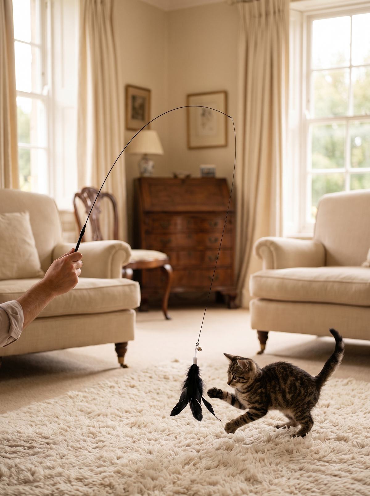 Hand holding a cat feather wand while a tabby kitten pounces